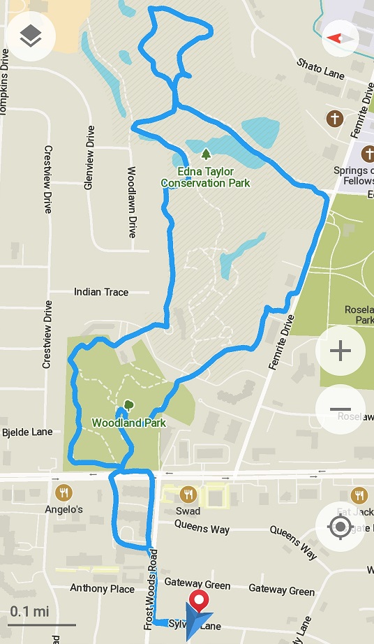 map of my ramblings through the nearby parks in my neighborhood: Woodland Park, Aldo Leopold Nature Center, and Edna Taylor Conservation Park