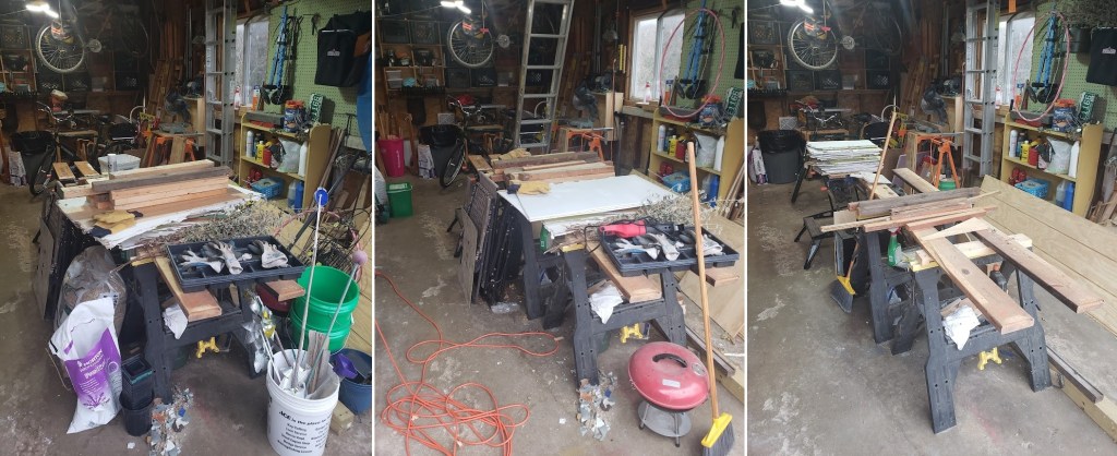 a set of three photos showing progress made cleaning out our garage
