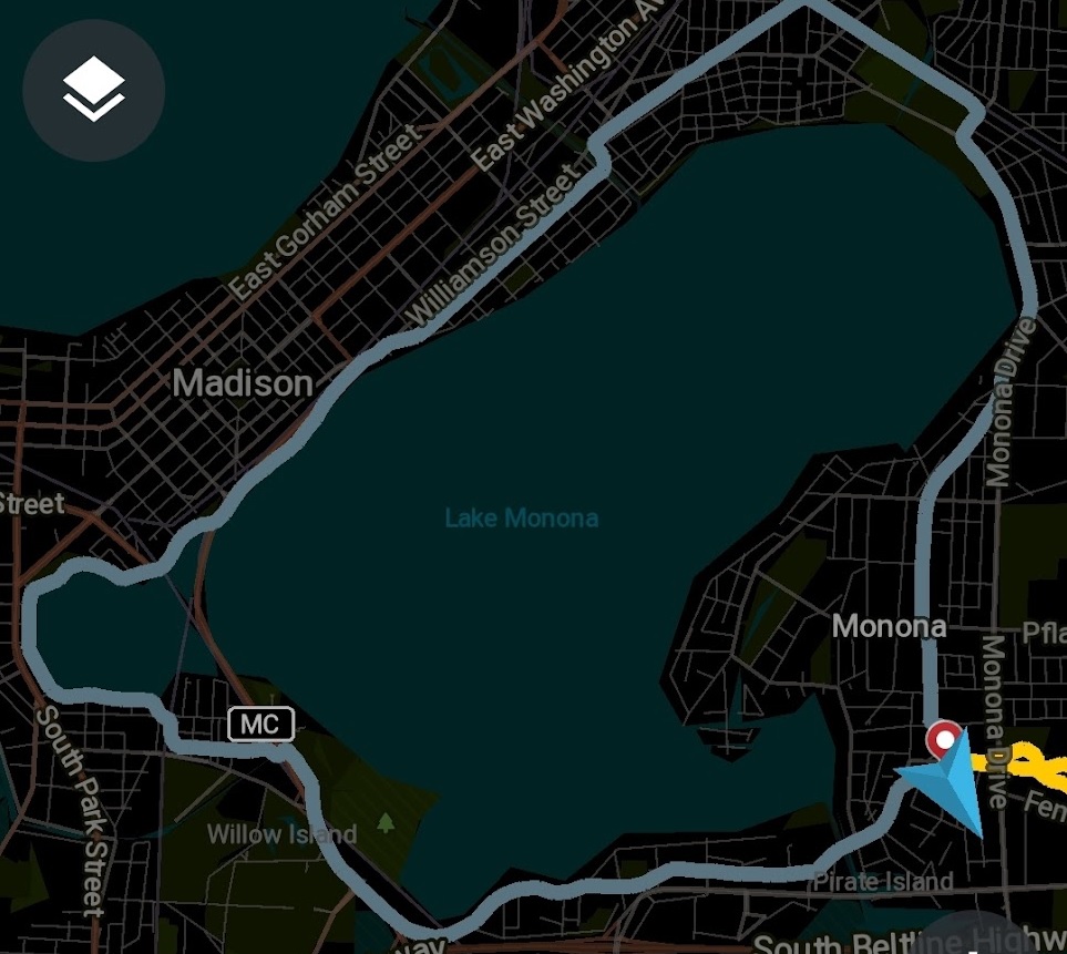 screen grab of my bicycling route around Lake Monona 