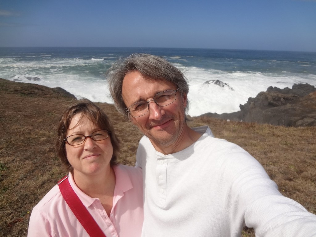 My Darling B and I on the shore of the Pacific Ocean