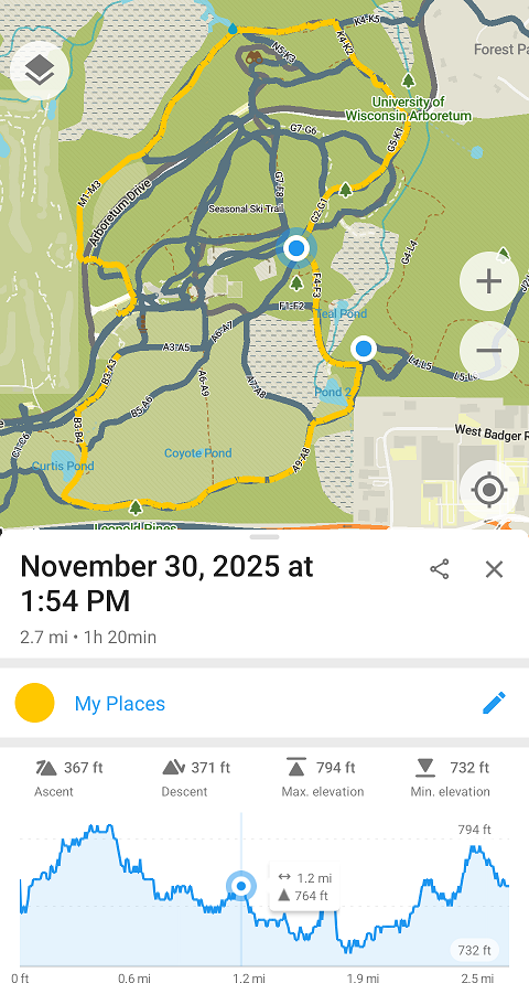 screen cap of map showing walk around the Curtis Prairie and Galistel Woods in the UW-Madison arboretum