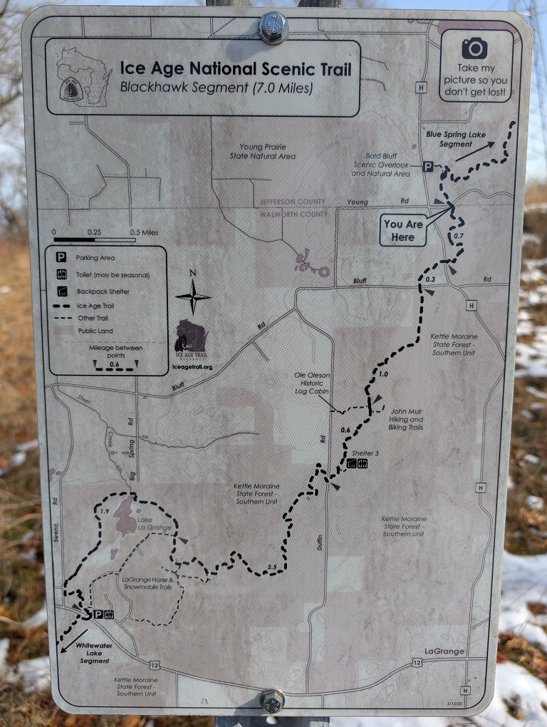 map of the Blackhawk segment of the Ice Age Trail, posted at the trailhead on Young Road, just south of Palmyra WI