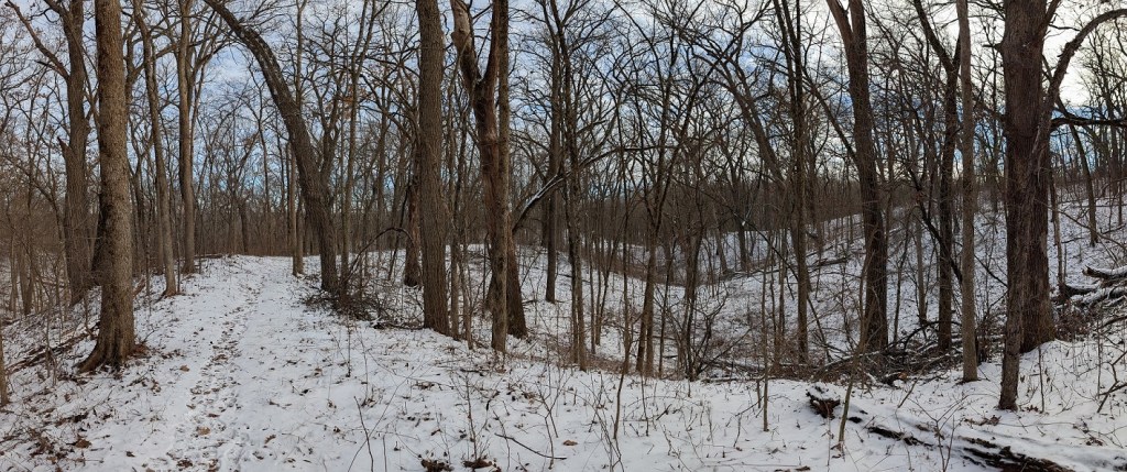 a trail through wooded hills; the trees are leafless; a light snow covers the ground; the sky is mostly clear with some high fluffy clouds