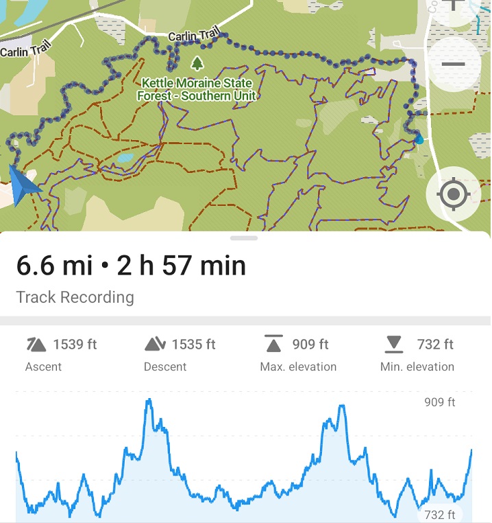 screen cap of a trail app recording today's hike: 6.6 miles in 2 hours 57 minutes