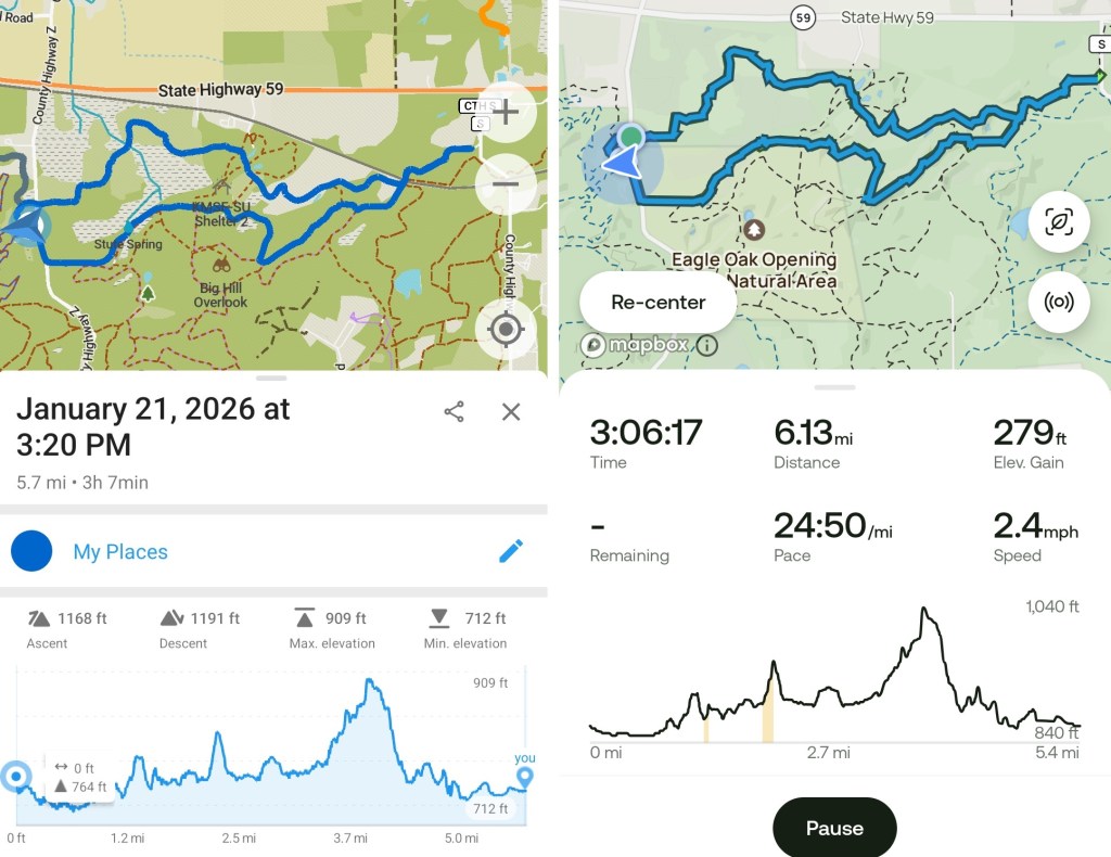 screen cap of today's hike recorded on two different trail apps, one of which indicates the hike was 5.7 miles long while the other indicates it was 6.13 miles long