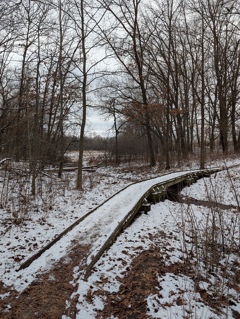 a low wooden bridge crosses a frozen narrow stream in the countryside; trees tower over the background; there is a light thin cover of snow on the ground; the sky is overcast