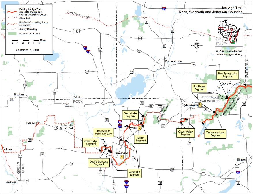 map of the Ice Age Trail's wandering route through Green, Rock, Walworth, and Jefferson Counties.