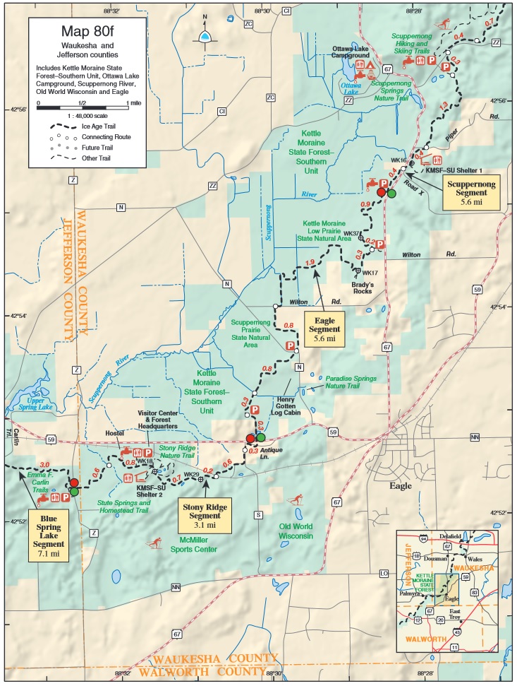 map showing the route of the Ice Age Trail through southern Waukesha County