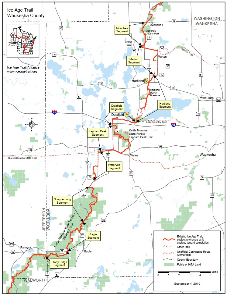 map showing the route of the Ice Age Trail through Waukesha County, including the SW corner of Jefferson county and just a bit of Washington and Walworth counties
