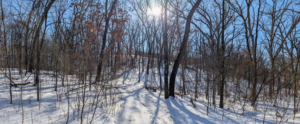a well-traveled foot trail curves up a wooded hillside; snow completely covers the ground; the sun shines brightly through the leafless branches of the trees