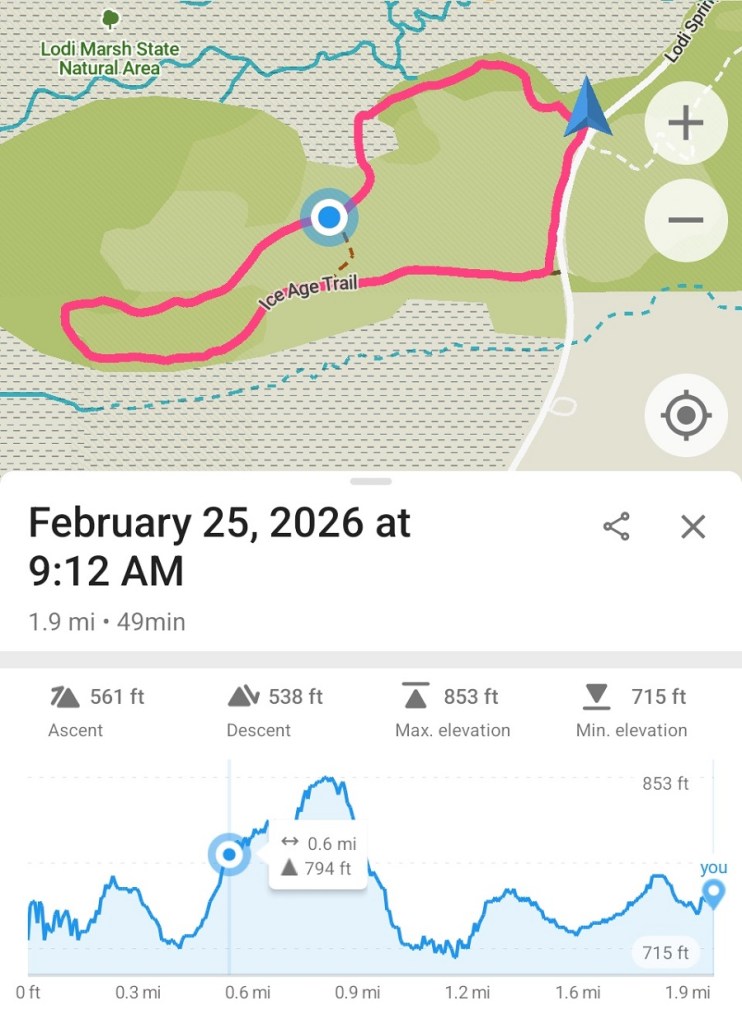 screen cap of today's hike along the Ice Age Trail on the Lodi Marsh Segment - 1.9 miles in 49 minutes