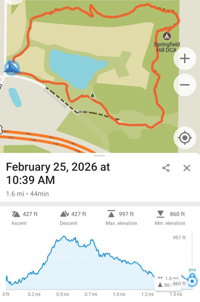 screen cap of today's hike on the Springfield Hill Segment of the IAT - 1.6 miles in 44 minutes.