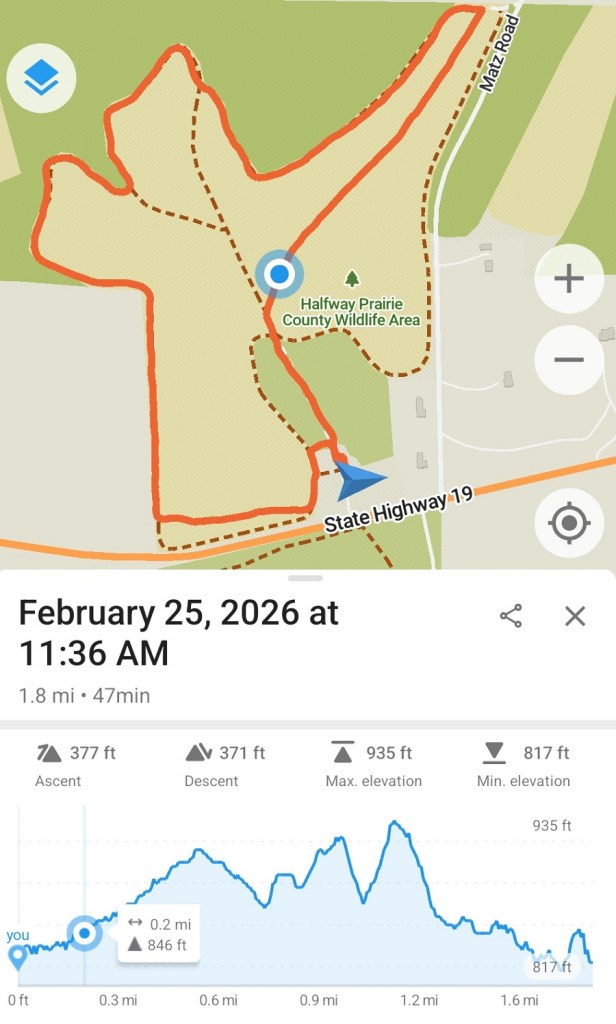 screen cap of today's hike on Halfway Prairie Wildlife Area.