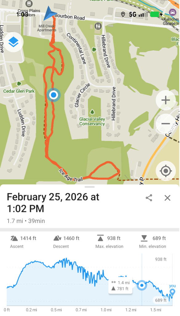 screen cap of today's hike in the Hillebrand Glacial Valley Conservancy near Cross Springs - 1.7 miles in 39 minutes.